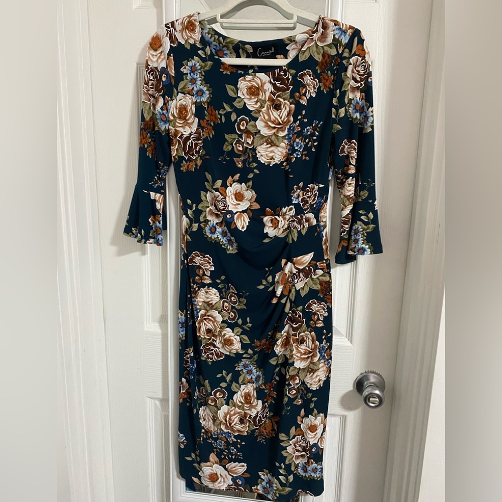 Connected Apparel Tan and Brown Sheath Dress with Bell Sleeves